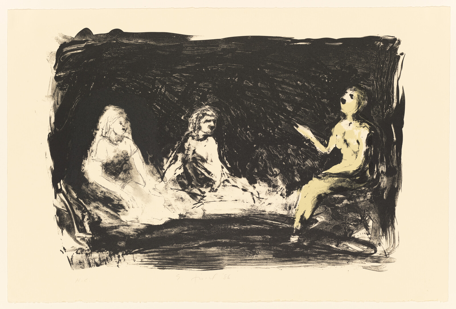 Three seated figures in a dark space, the right figure gesturing toward the others.