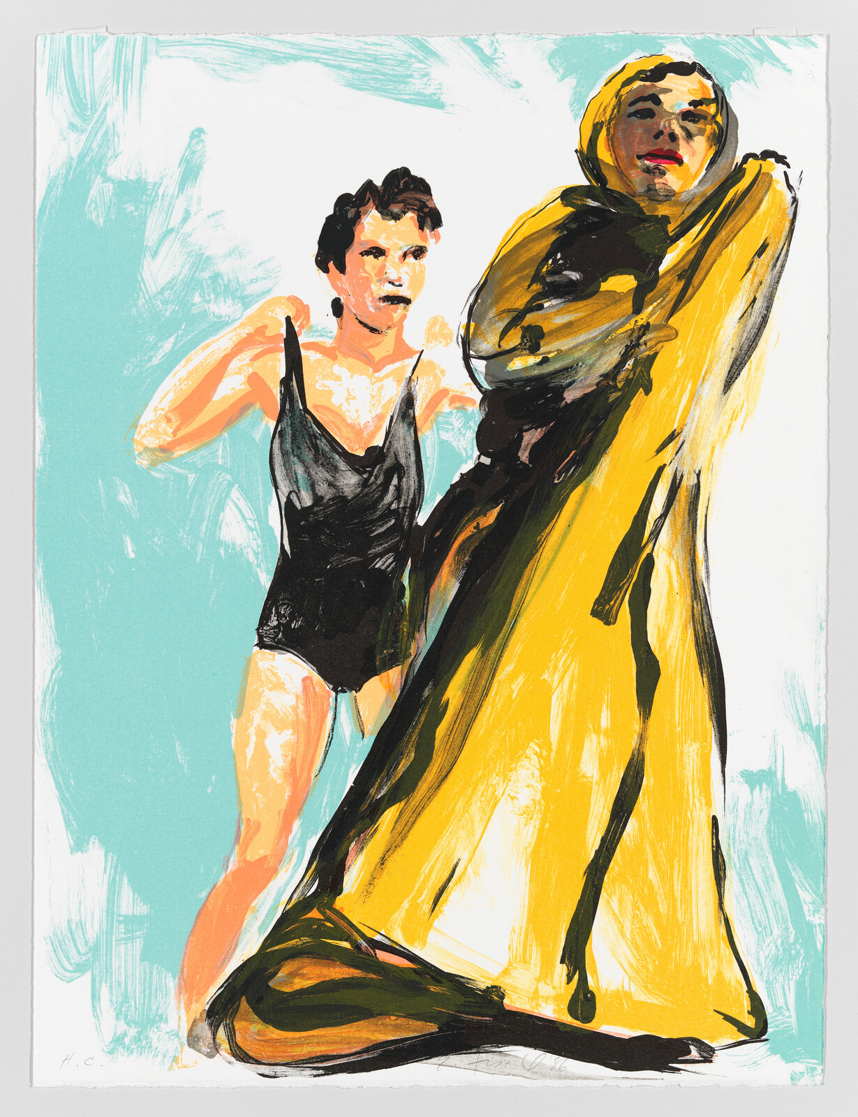 Two figures, one adjusting a black swimsuit while the other wraps herself in a large yellow coat.