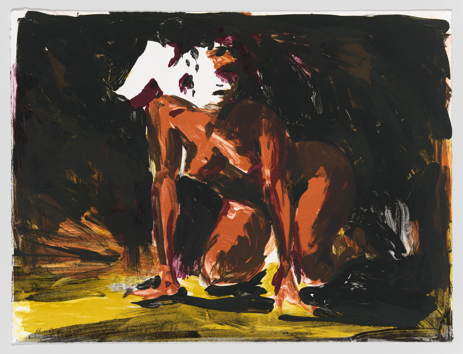 A crouching nude figure painted in bold browns and reds against a dark background.