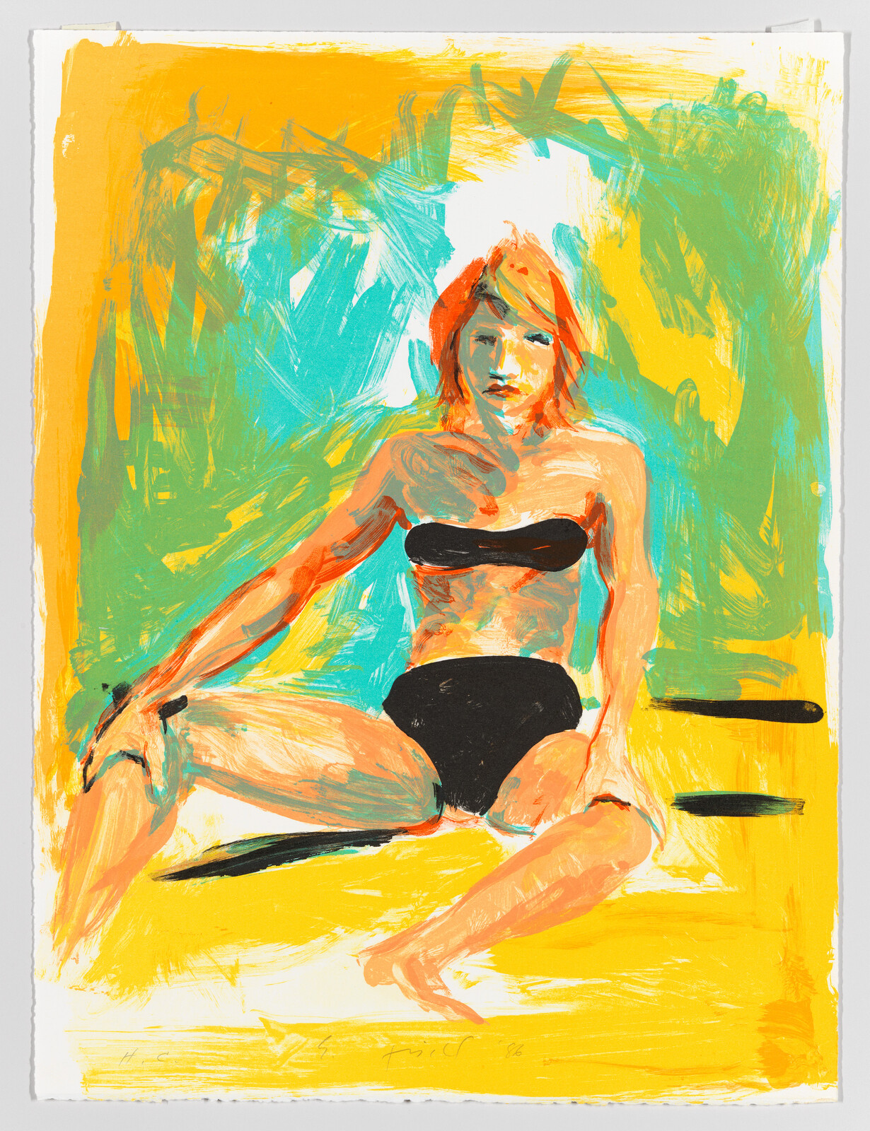 A woman in a black bikini sits on a bright yellow surface against teal and green brushstrokes.