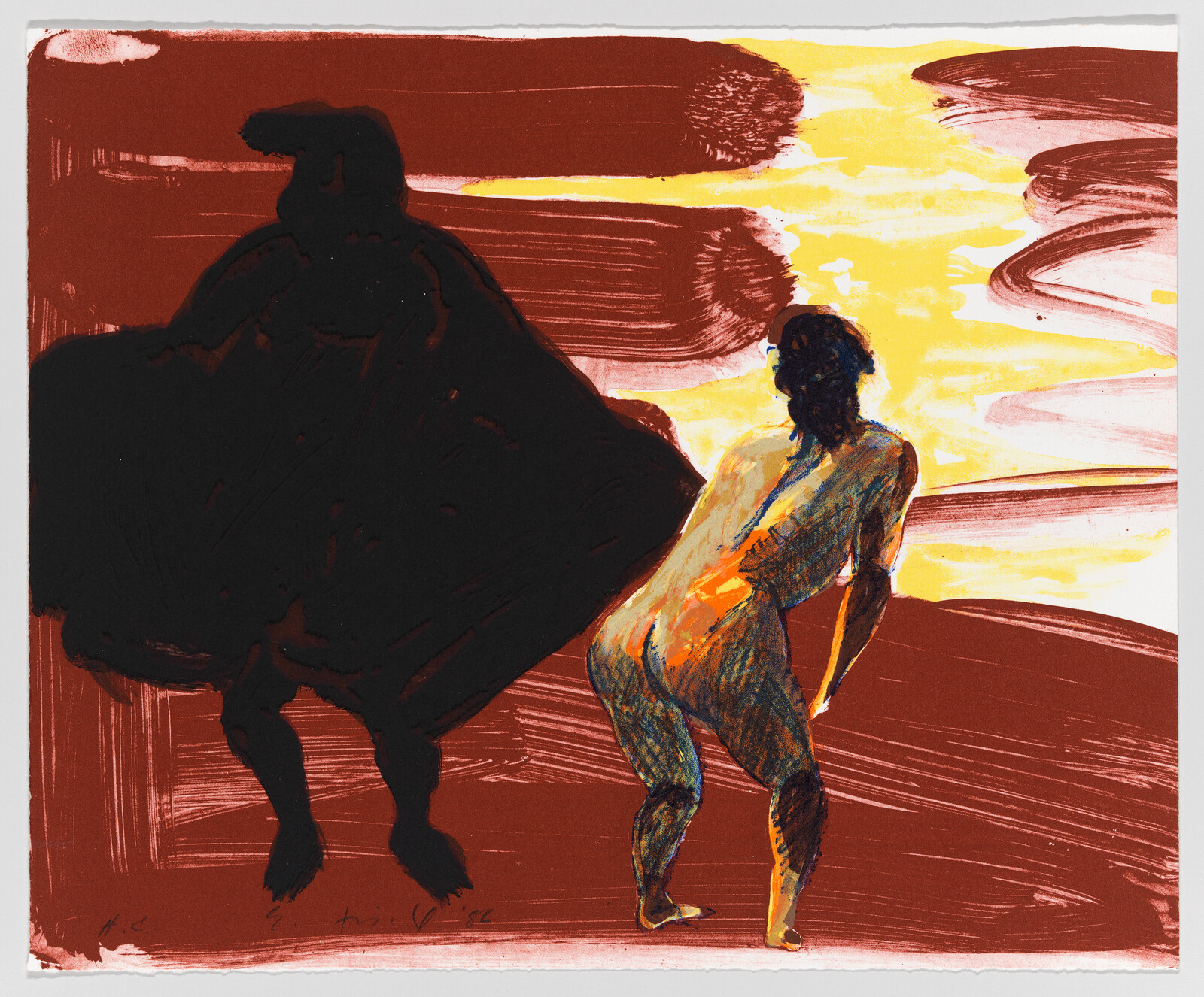 A nude person stands facing a bright yellow light beside a large dark cloaked silhouette.