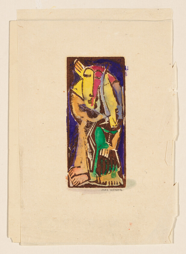 Abstract colorful figure with overlapping faces and geometric shapes centered on aged beige paper.