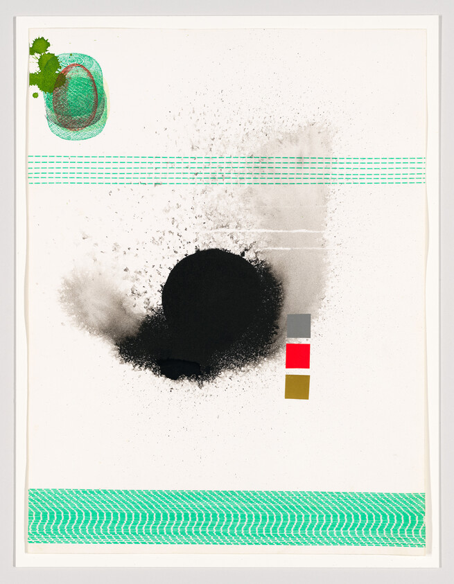 Large black ink splatter centered on paper with teal patterned borders and three colored squares.