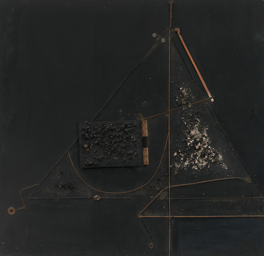 Dark abstract panel with rusted metal wires forming a triangular sail-like structure and scattered debris.