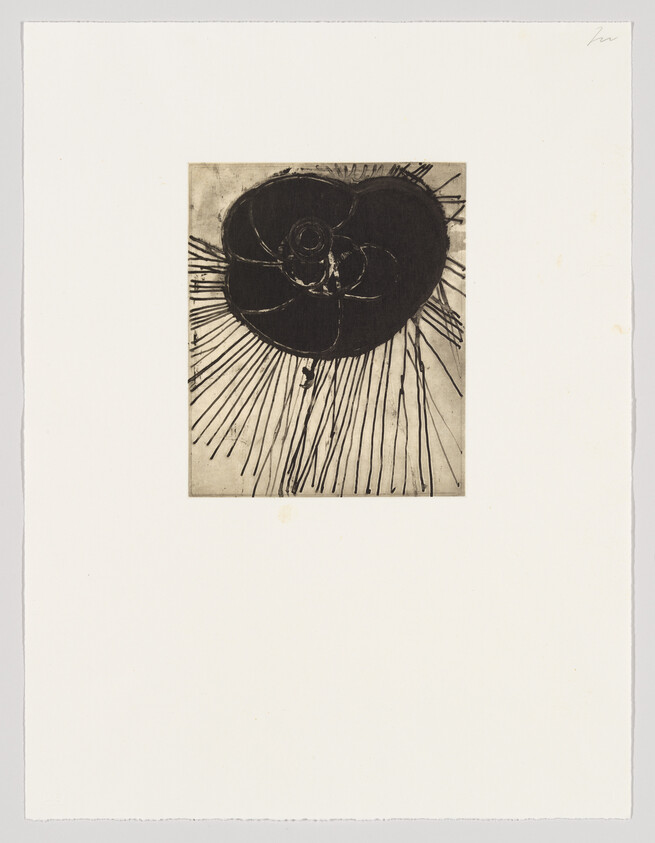 A black and white etching of an abstract circular shape with radiating lines on a square piece of paper, which is centered on a larger white sheet. The circular shape appears to have a textured, dark center with lighter etched lines suggesting movement or energy emanating from the core. The artwork has a rough, expressive quality, and there's a signature in the upper right corner on the larger white sheet.
