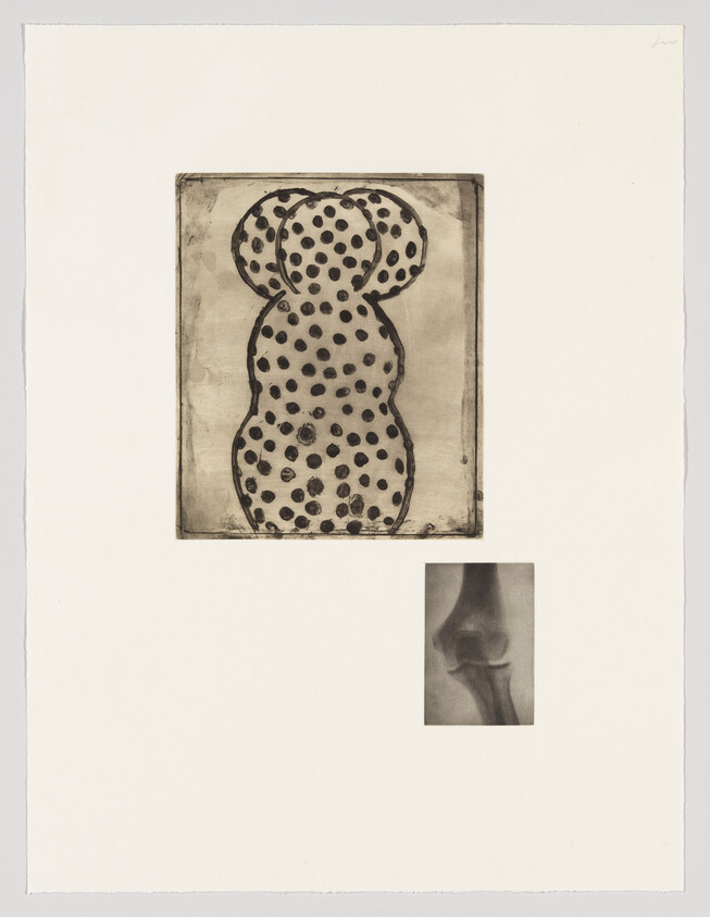 An artwork featuring two framed pieces on a white background. The top frame contains an abstract figure resembling a teddy bear with circular patterns, while the bottom frame shows a grayscale image of a human nose and mouth.