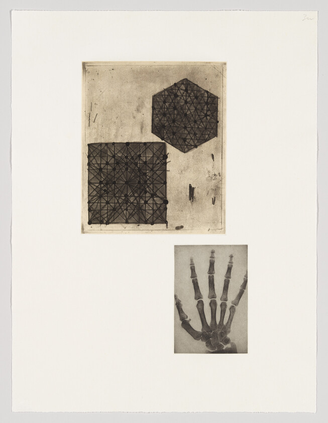 An artwork featuring two geometric patterns resembling honeycombs at the top and an X-ray image of a human hand at the bottom, all against a plain background.