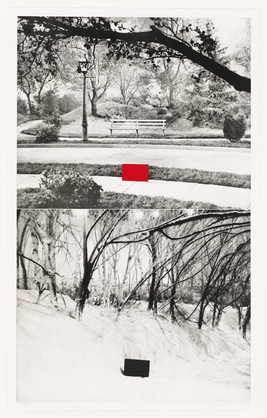 Two stacked black-and-white landscapes show a red rectangle on a sidewalk and a black rectangle on snow.