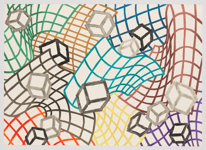 Several three-dimensional cubes float above colorful warped grid patterns that curve across the page.