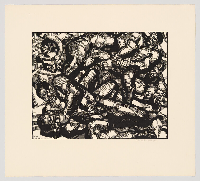 A dense tangle of muscular human figures piled together in bold black-and-white carving.