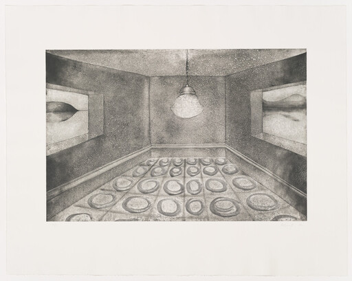 Empty room with a hanging lamp, circular patterned floor tiles, and two small windows.