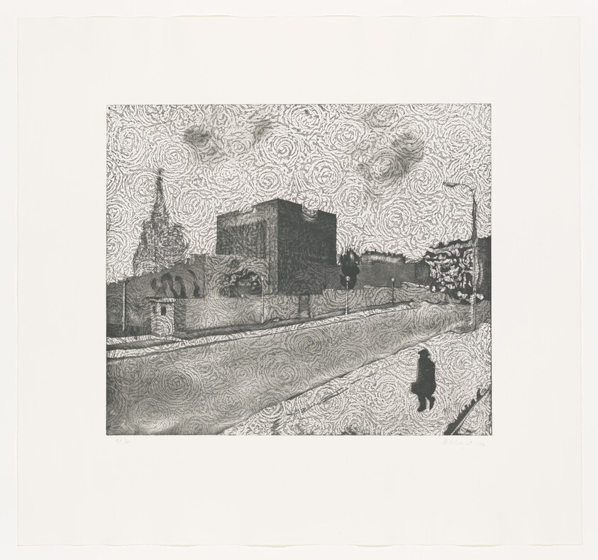 A lone figure walks along a empty street past a large block building and distant church steeple.