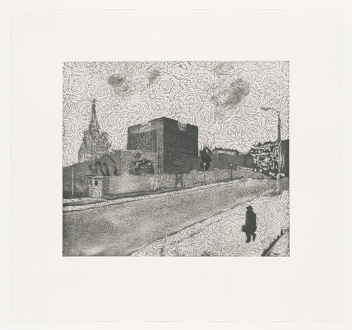 A lone figure walks along a empty street past a large block building and distant church steeple.