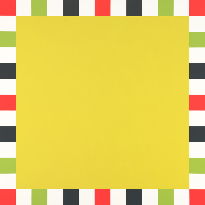Large solid yellow square framed by a border of alternating red, green, black, and white rectangles.