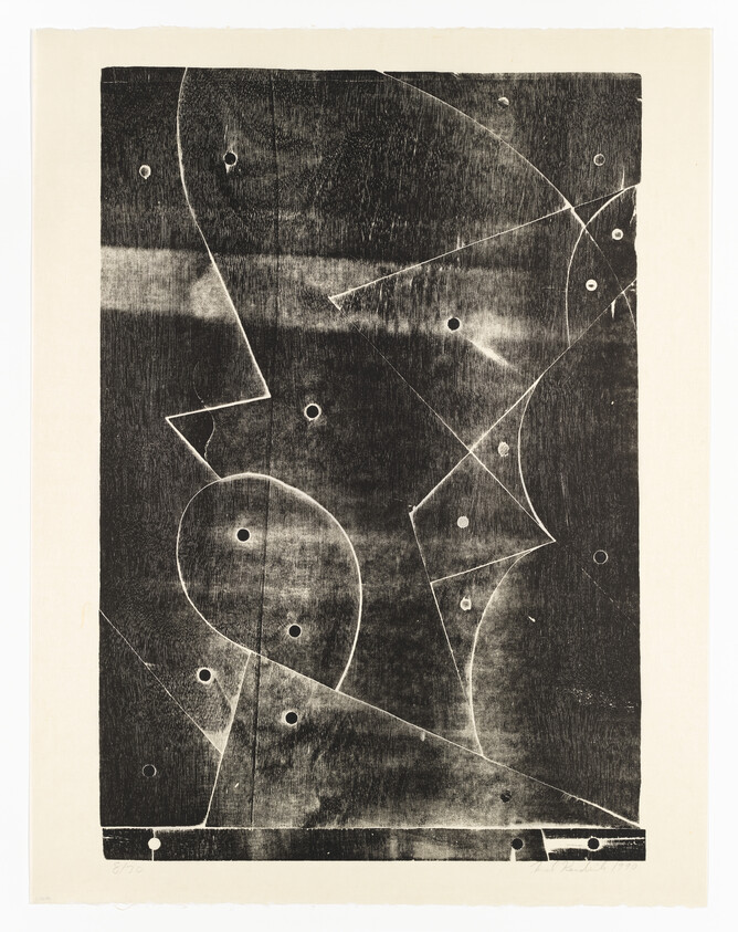 Abstract black-and-white print showing intersecting geometric shapes, curved lines, and circular holes.