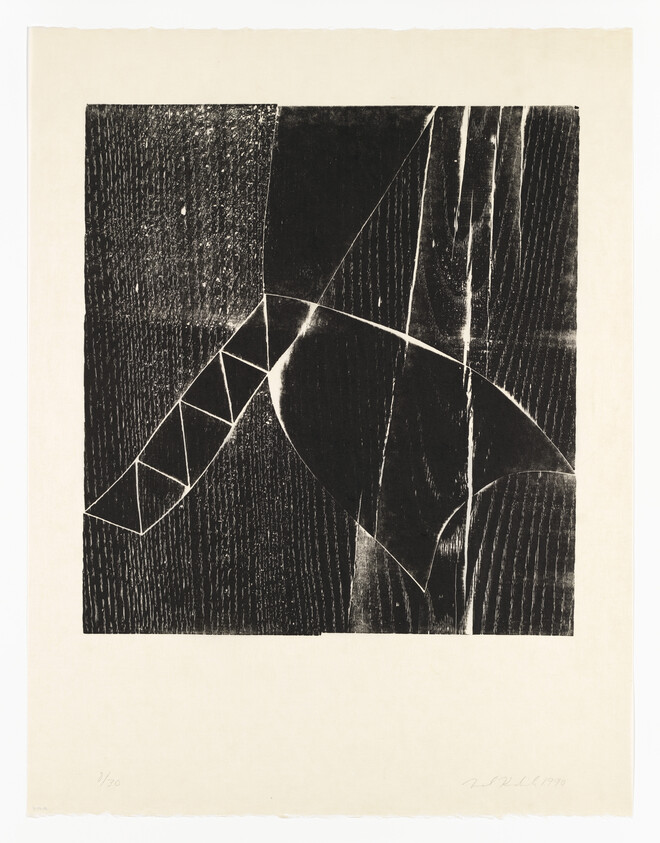 Black wood-grain rectangle with white curved and triangular lines forming an abstract geometric composition.