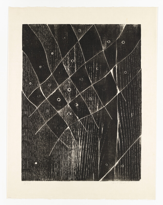 Dark wood-grain panel with intersecting curved white lines and scattered small circular holes.