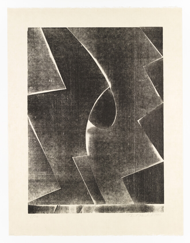 Abstract black-and-white print showing large curved and angular shapes with rough textured shading.