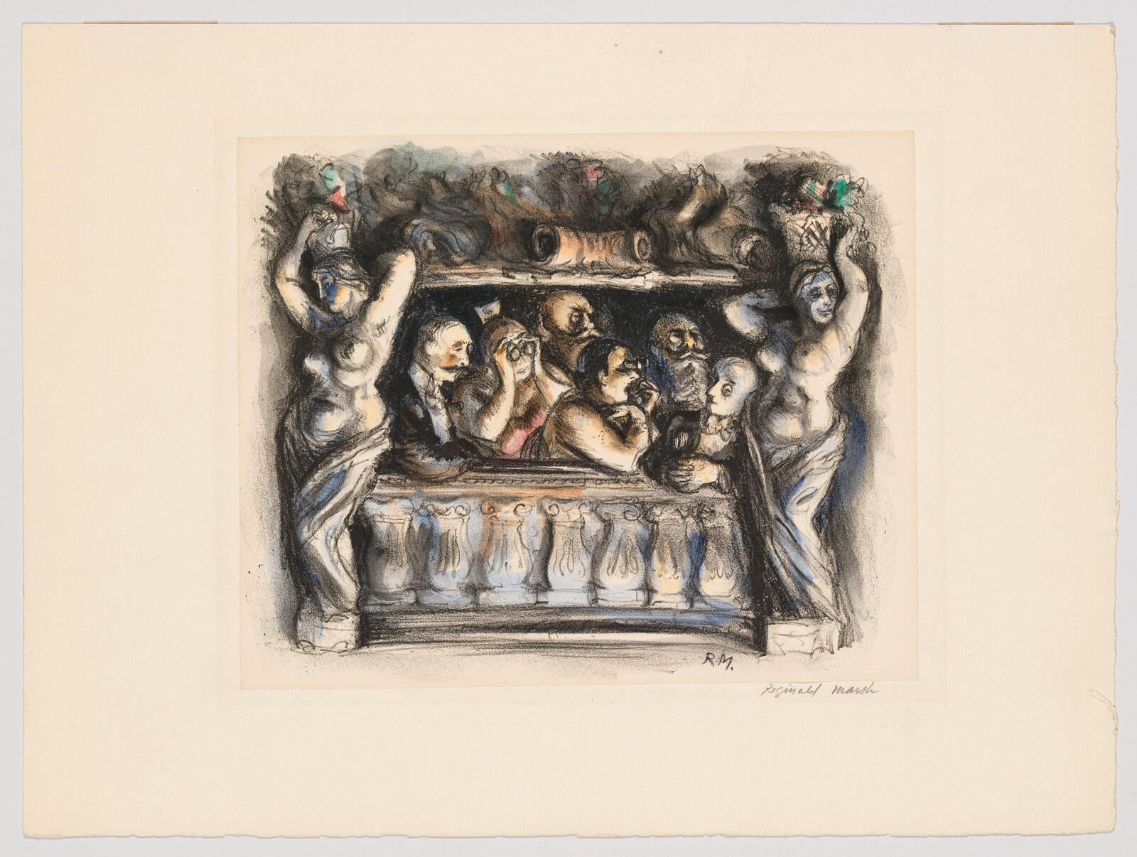 Several people watch a performance from an ornate theater box framed by two sculpted figures.