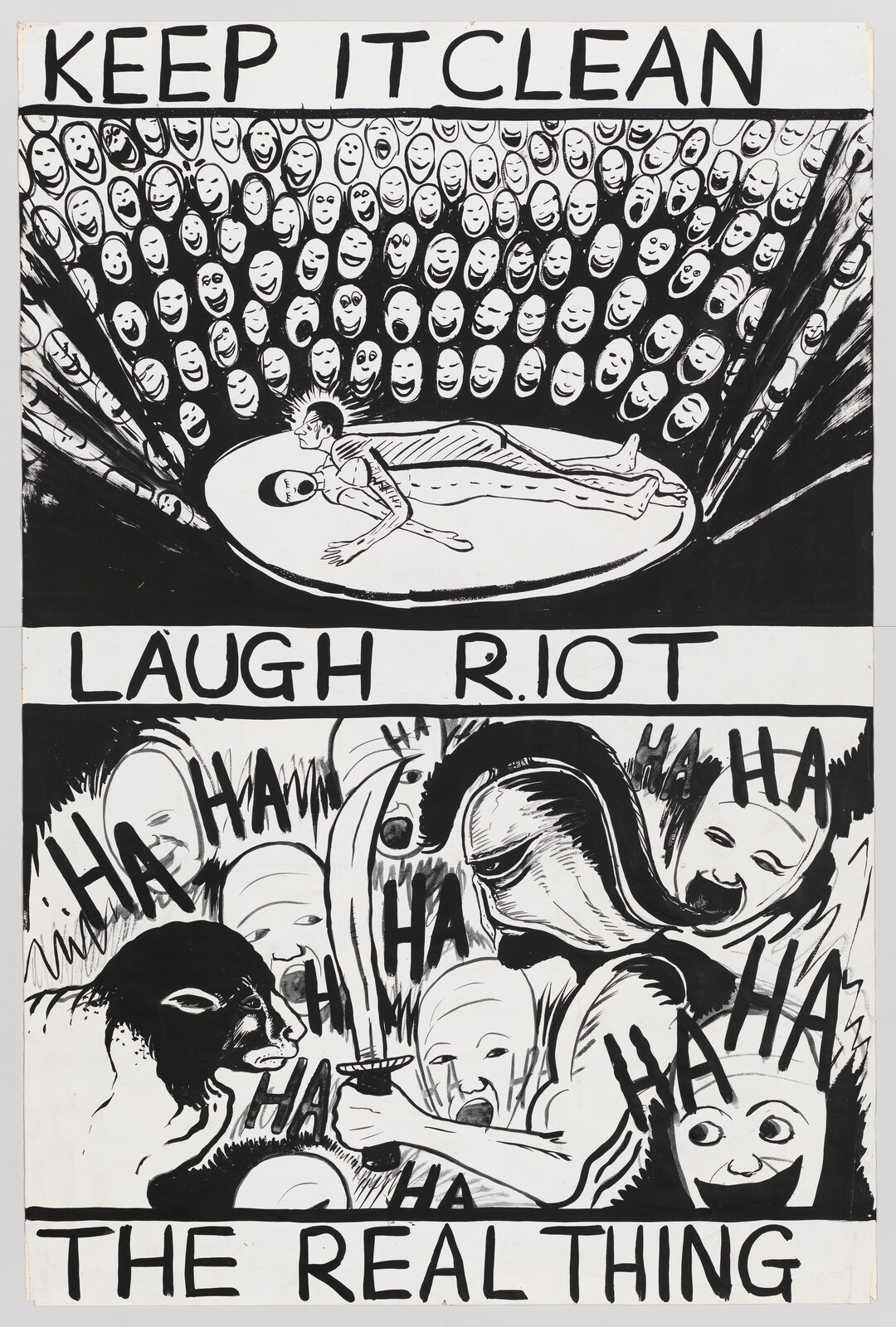 A performer lies on stage while a laughing crowd watches under the words "Keep it clean" and "Laugh Riot.".