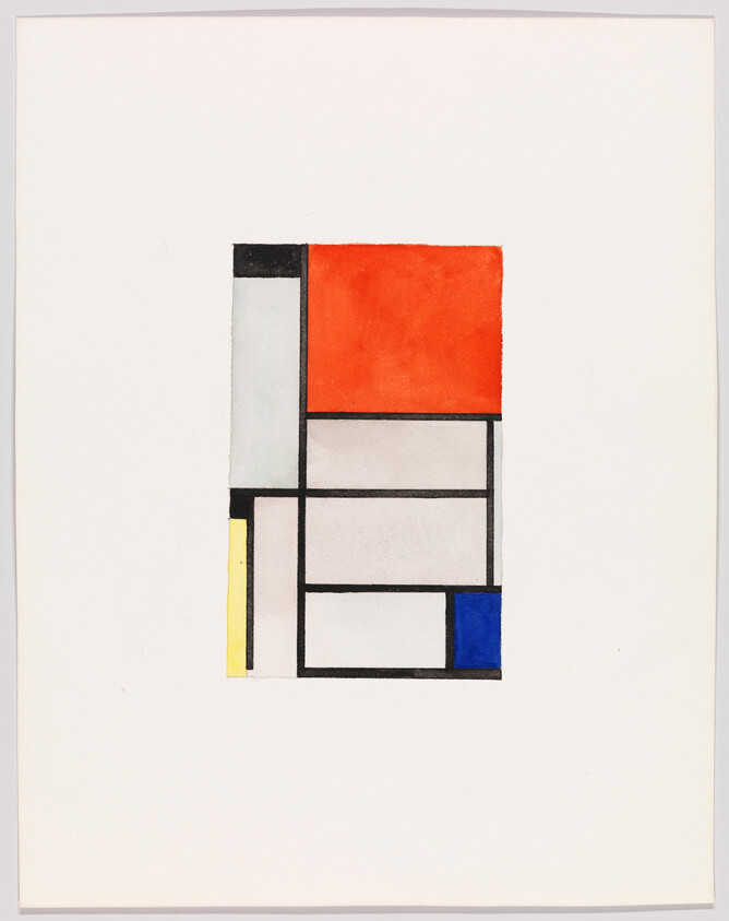 Centered geometric composition of rectangles outlined in black with red, blue, yellow, and gray blocks.