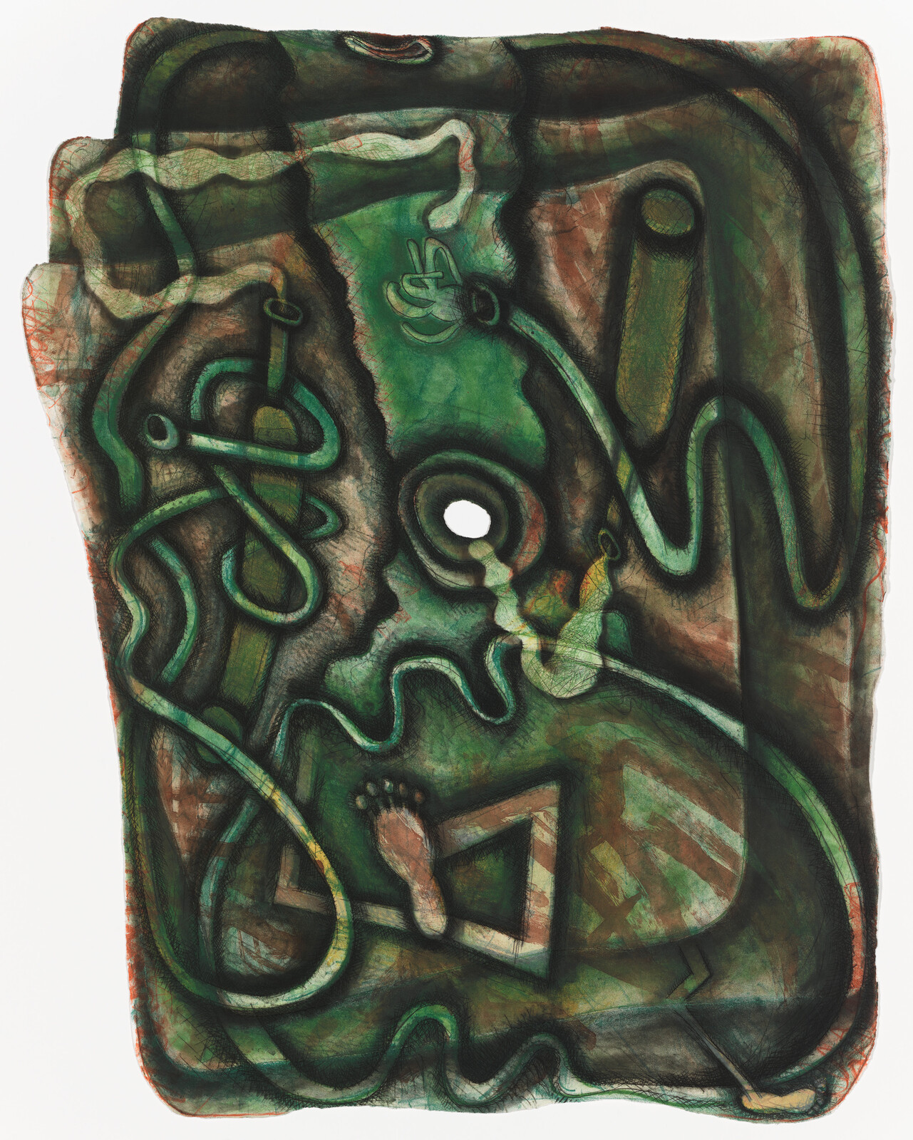 Abstract artwork with a complex interplay of organic shapes and lines in shades of green, brown, and black, featuring a central white hole and various textures that give a sense of depth and movement.