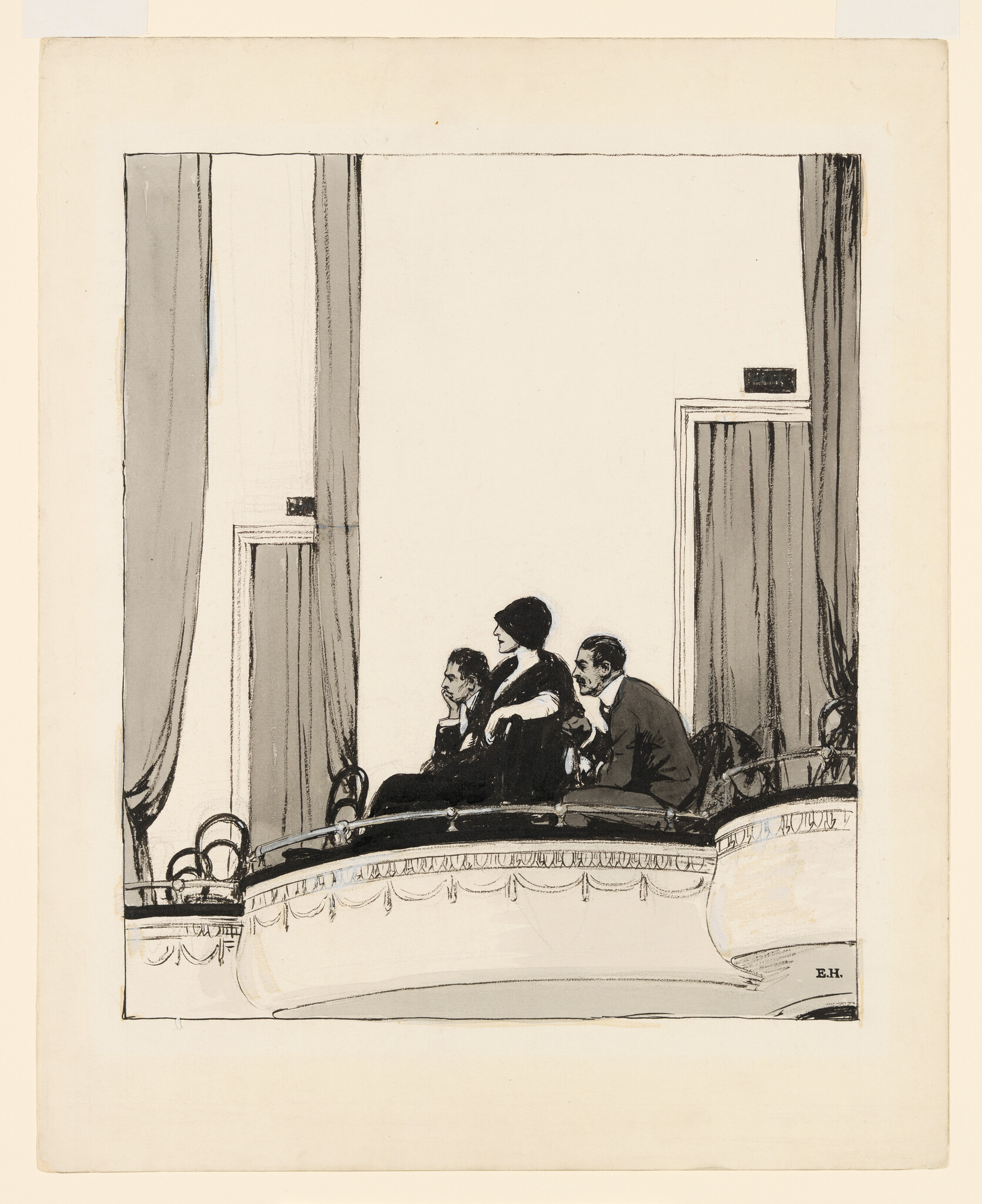Three people sit in an ornate theater box watching the stage, a woman between two men.