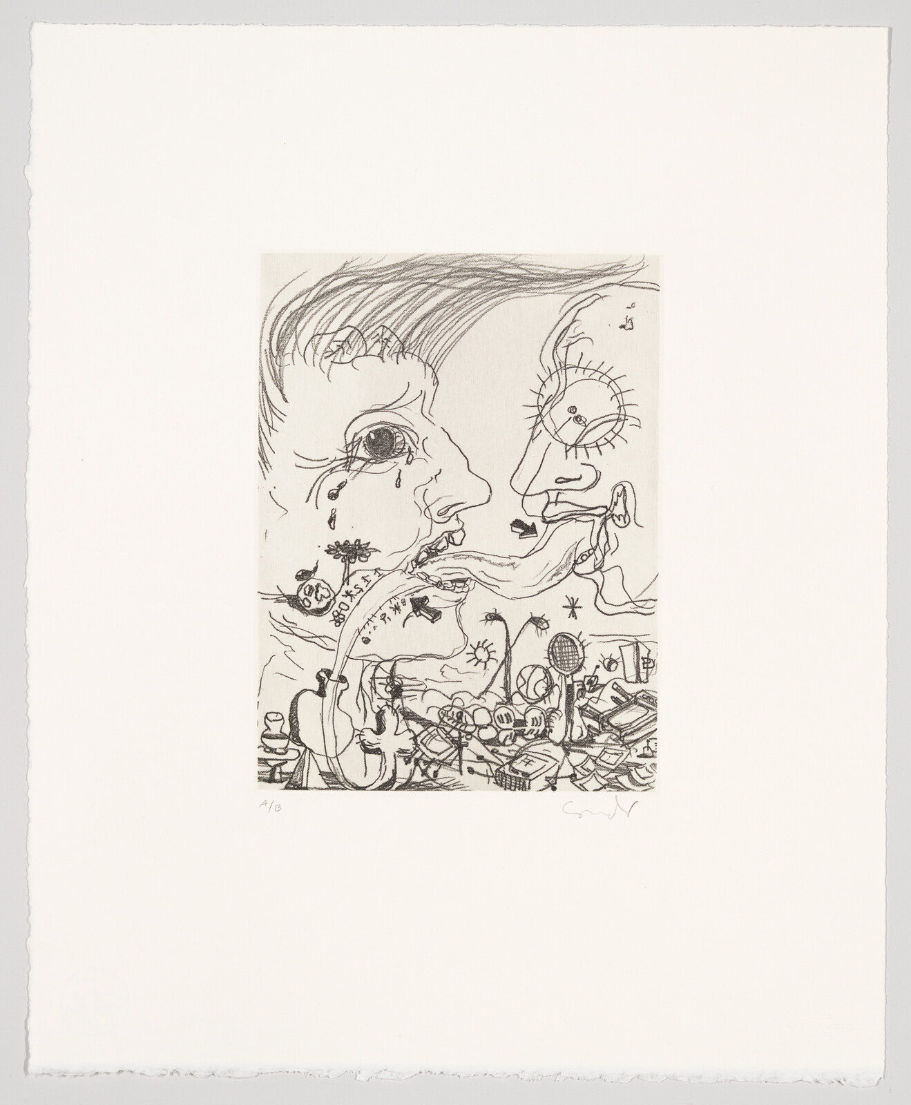 Two large faces with tongues entwined above a jumble of small objects and whimsical symbols.