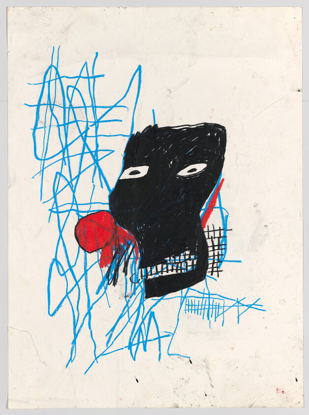 A rough black mask-like face with white eyes and a red mouth amid blue scribbles.