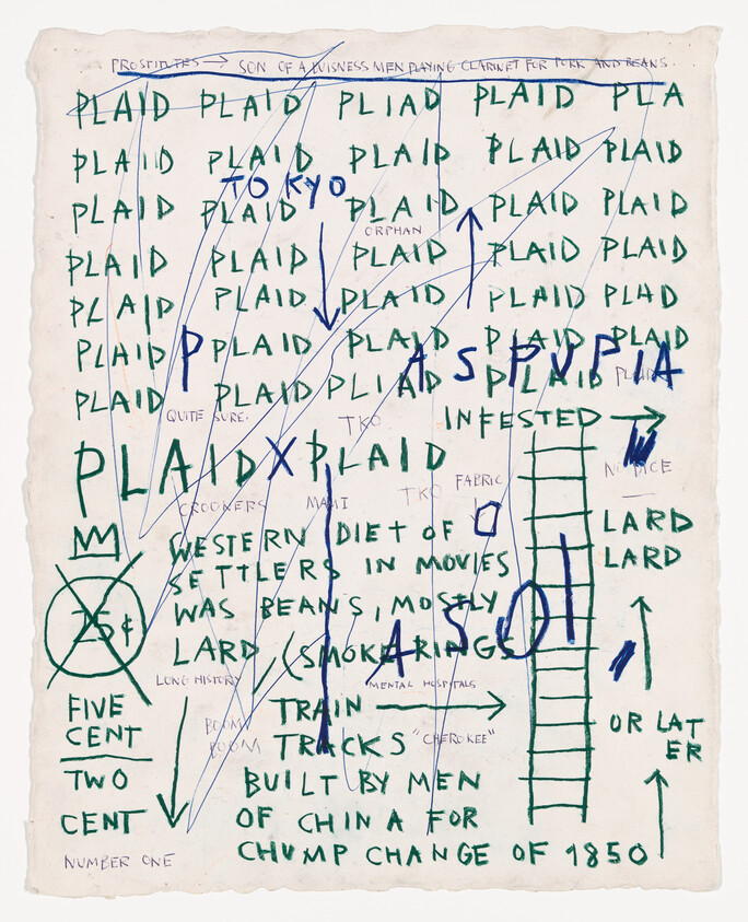 Handwritten page filled with repeated word "PLAID", arrows, doodles, and scattered handwritten notes.