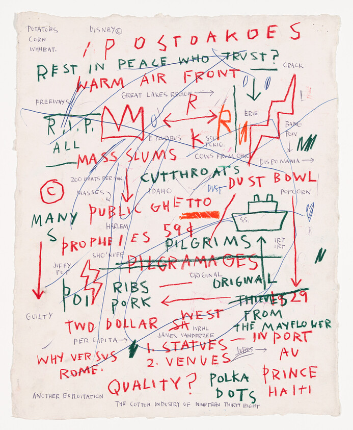 Handwritten sheet filled with colorful scribbles, arrows, and words like "mass slums" and "dust bowl."
