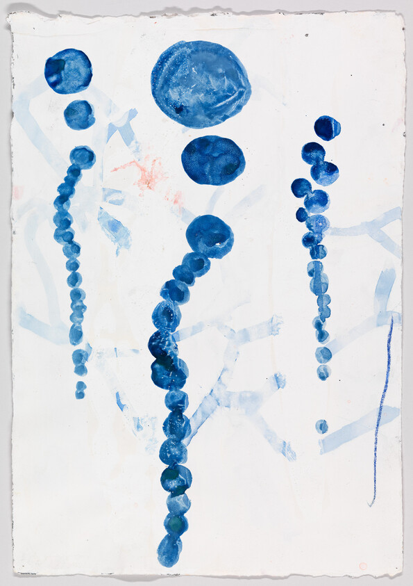 Vertical strings of blue watercolor dots descending on white paper, three main columns.