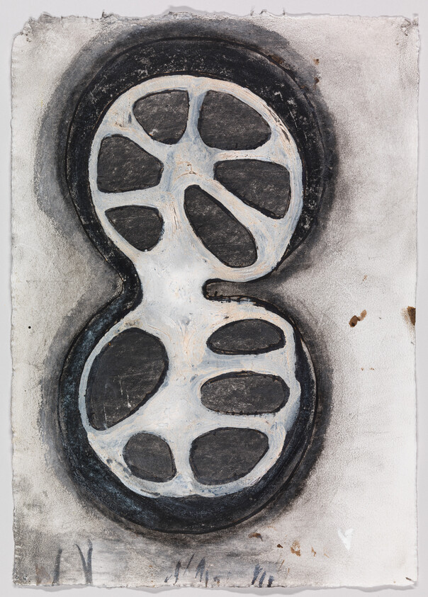 Abstract painting of a vertical figure-eight shape with black rounded compartments on textured white paper.