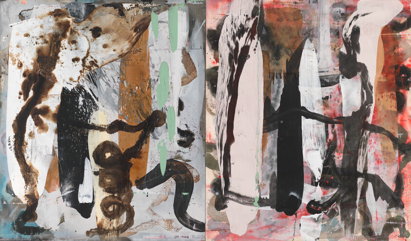 Abstract diptych painting with bold black and brown brushstrokes, pale pink panels, and mint-green drips.
