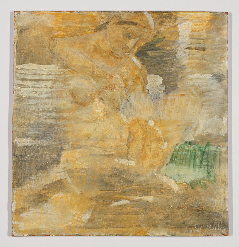 A faded, yellow-toned painting of a seated figure gently holding an indistinct object.