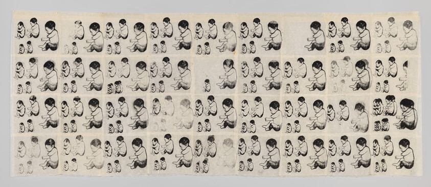 Repeated ink sketches showing a young child sitting and reading to two small dolls.