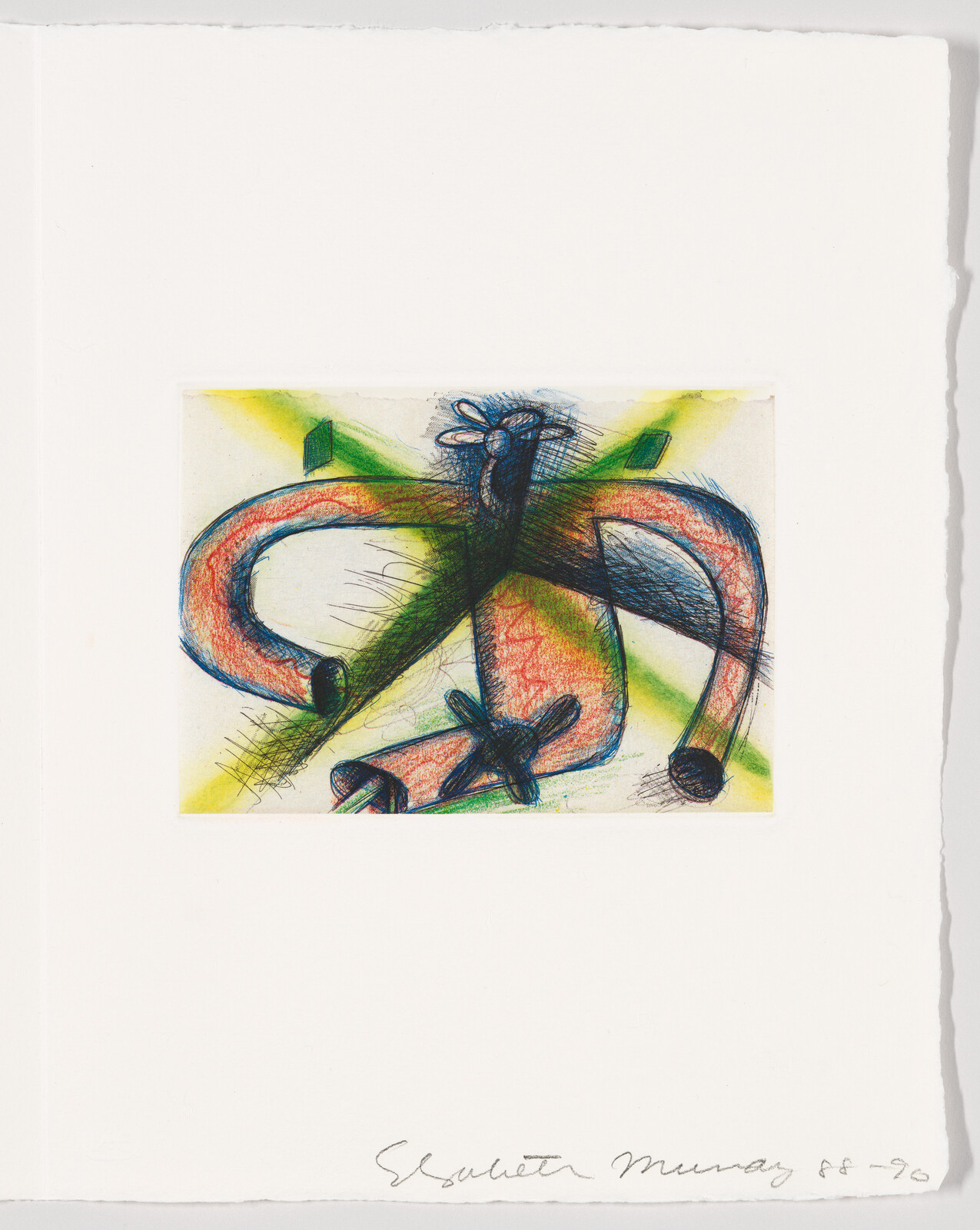 A colorful abstract drawing featuring intertwined forms in red, blue, and green hues with black outlines on a white paper background. The artwork is signed and dated at the bottom.