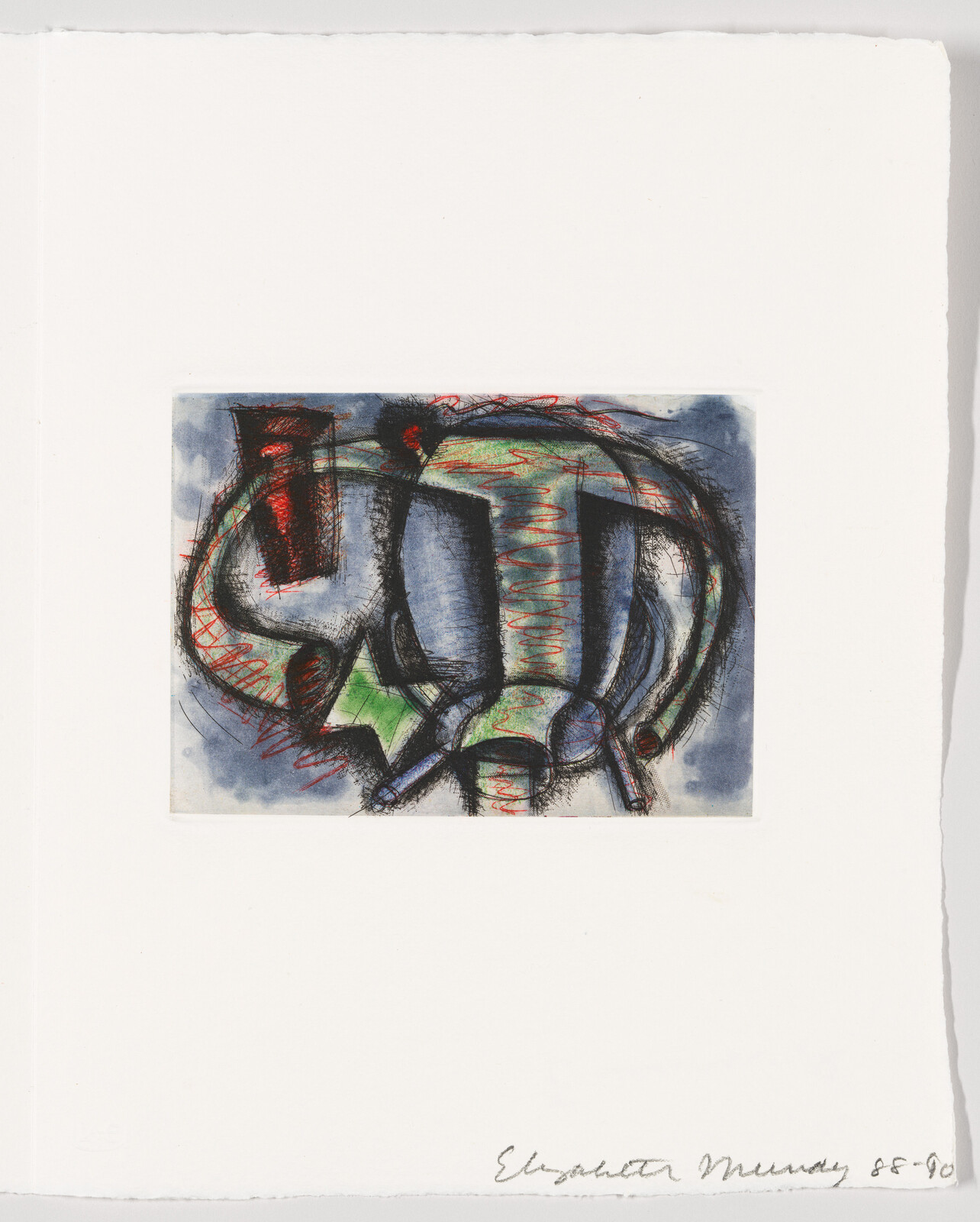 An abstract artwork featuring a blend of red, blue, and green colors with prominent black outlines on a small rectangular canvas, mounted on a larger white paper. The image includes scribbled lines and shapes that suggest a loose, expressive style. There is a signature and date at the bottom right corner of the white paper.