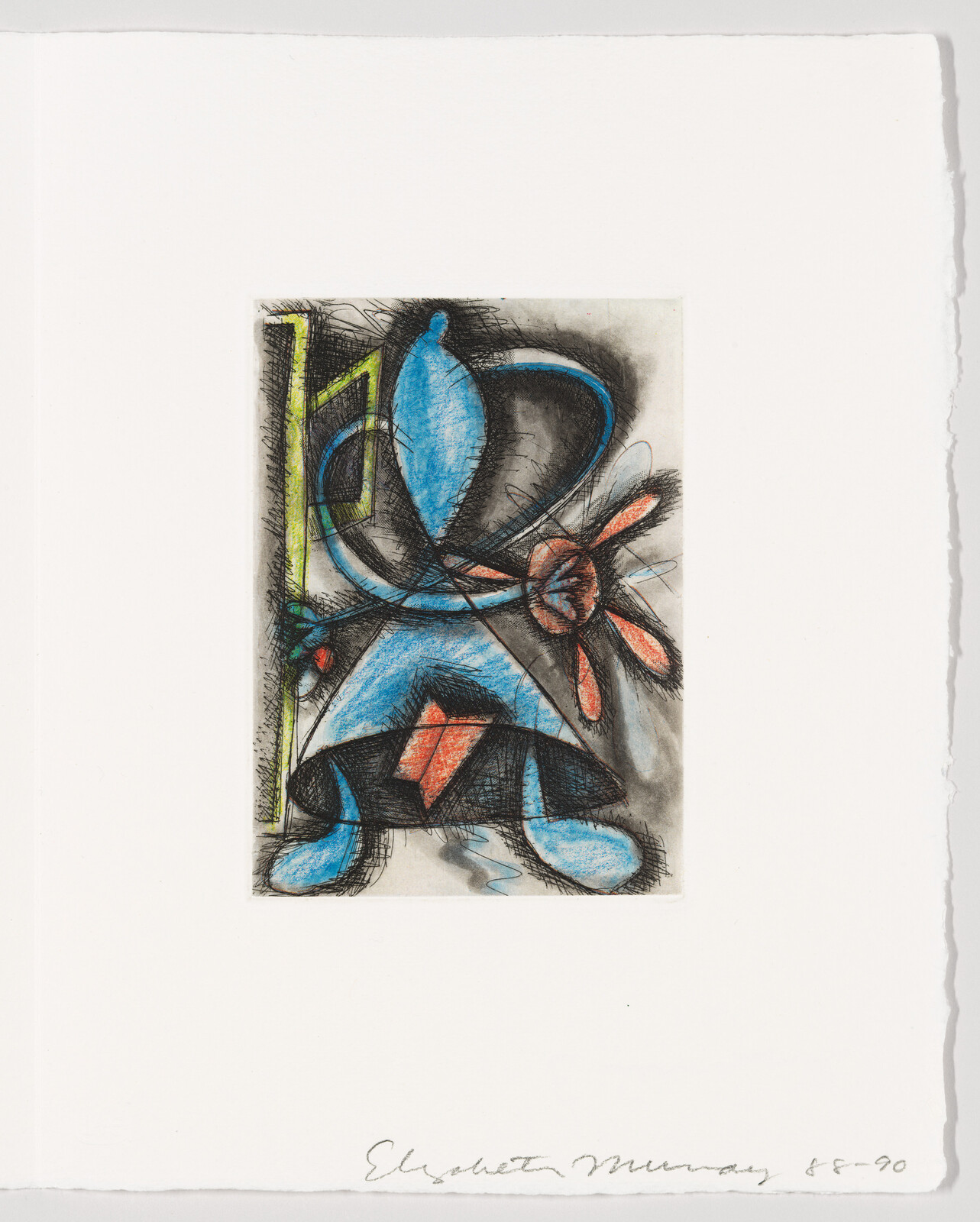 An abstract artwork featuring a combination of curved and angular shapes in blue, black, and orange, with pencil shading and highlights. The piece is centered on a white paper with rough edges, and there is a signature with a date at the bottom.