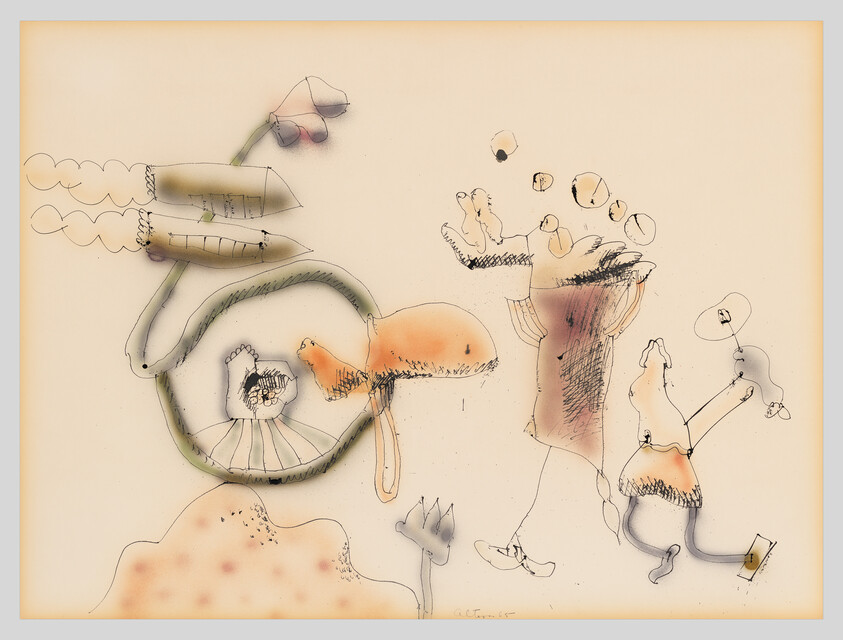 A whimsical sketch shows abstract figures juggling bubbles and interacting with a looping green vine.