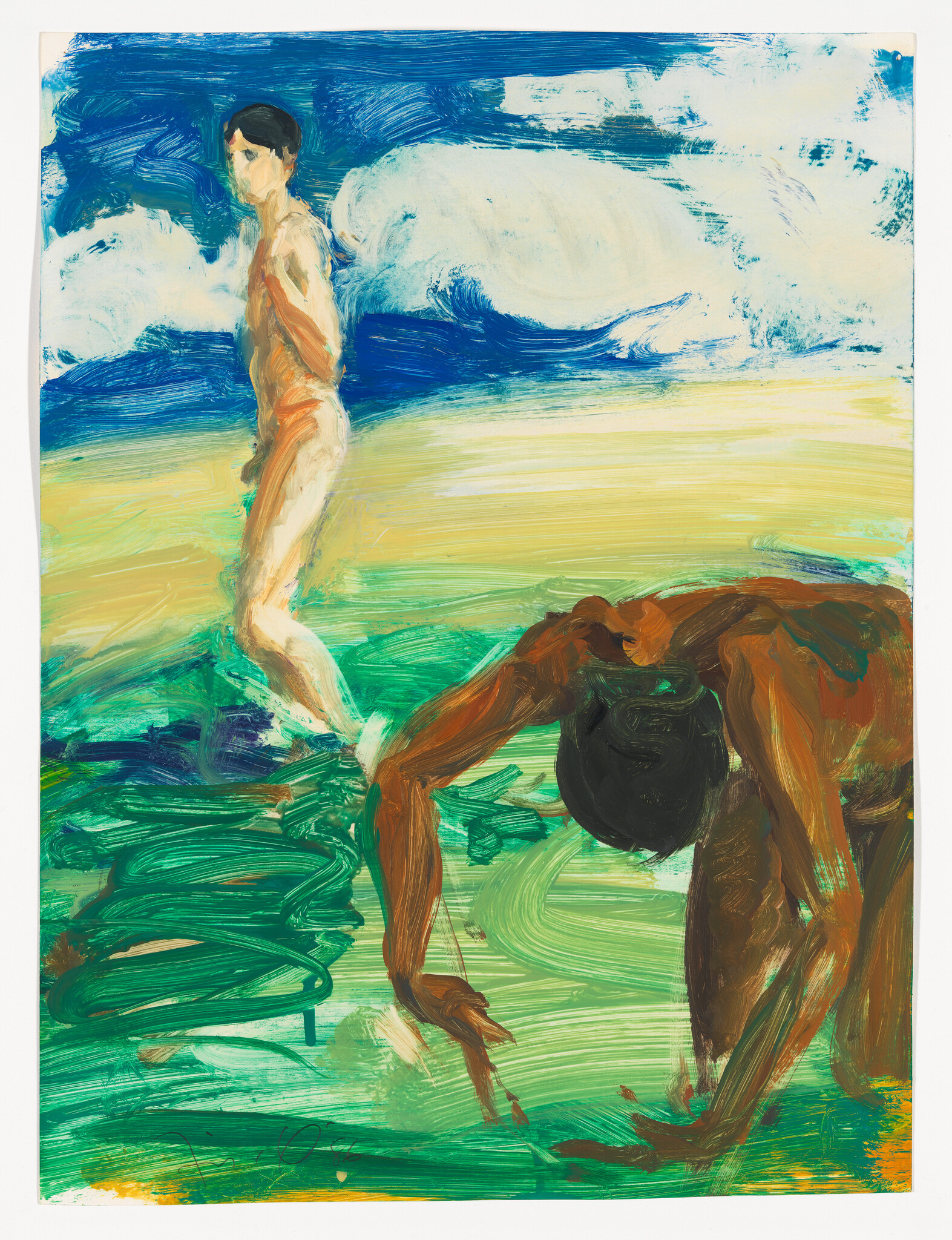 Two figures at the shoreline, one standing and one bending to touch the water.