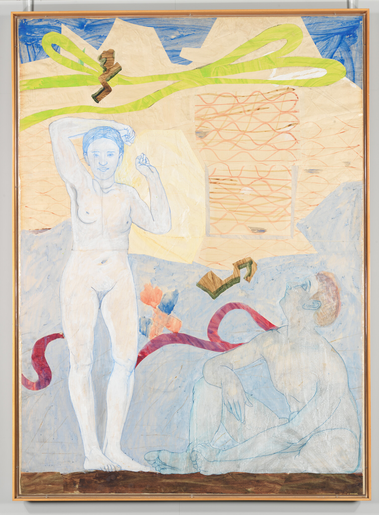 A standing nude person raises their arms while a seated nude looks up beside a flowing ribbon.