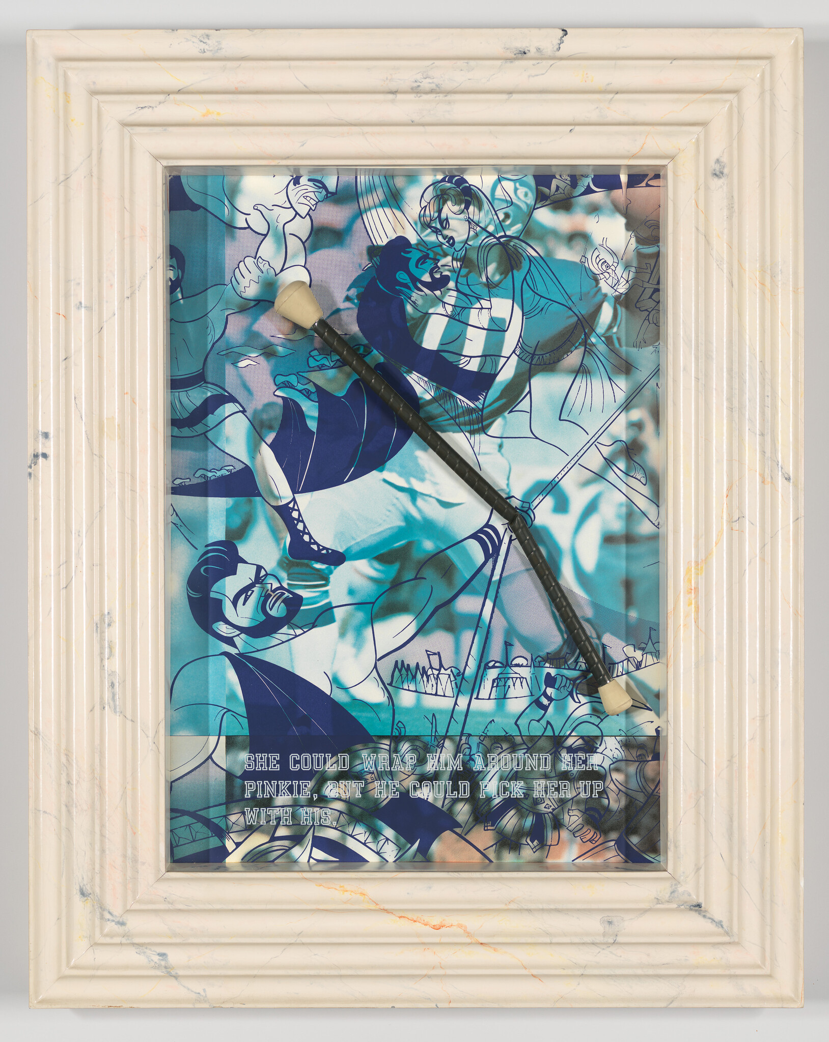 Framed blue comic-style illustration shows characters in action with a broken cane across the glass.