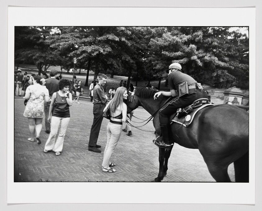 A young woman reaches to touch a mounted police officer's horse while people stand nearby.