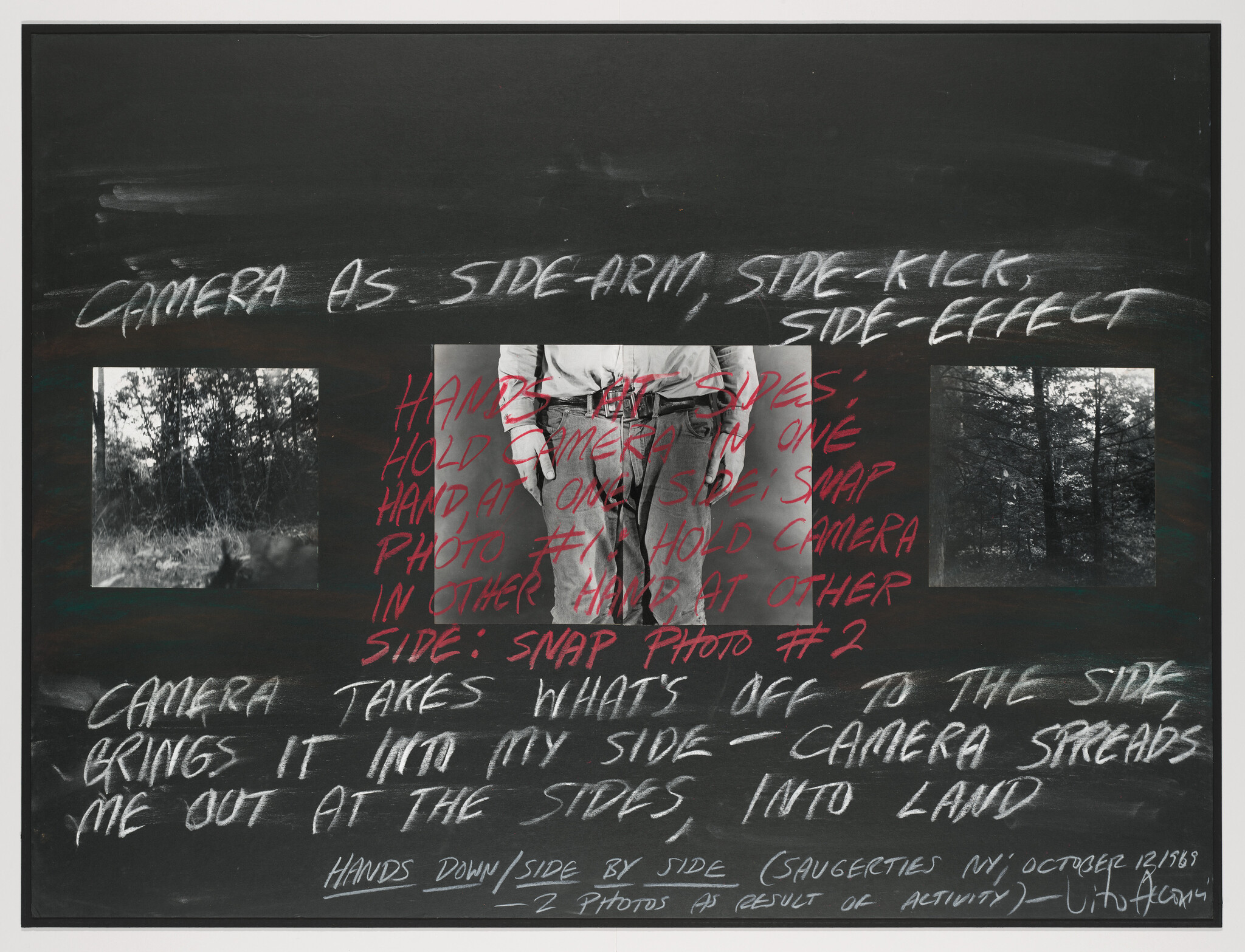 Blackboard with handwritten notes and three photographs illustrating holding a camera at the side.