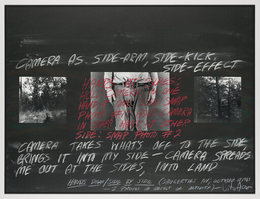 Blackboard with handwritten notes and three photographs illustrating holding a camera at the side.