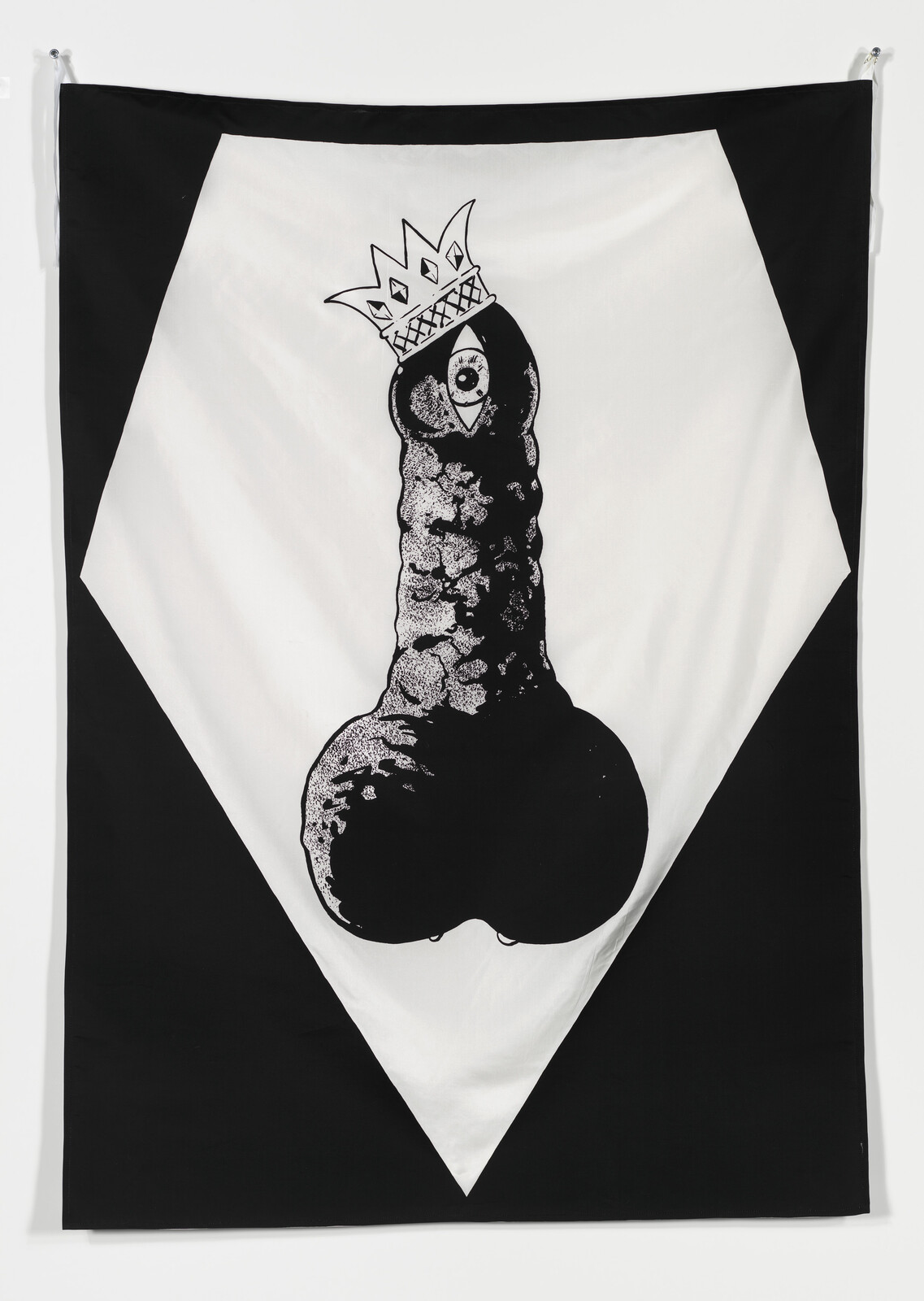 A black-and-white banner shows a crowned cartoon phallic figure centered on a geometric background.