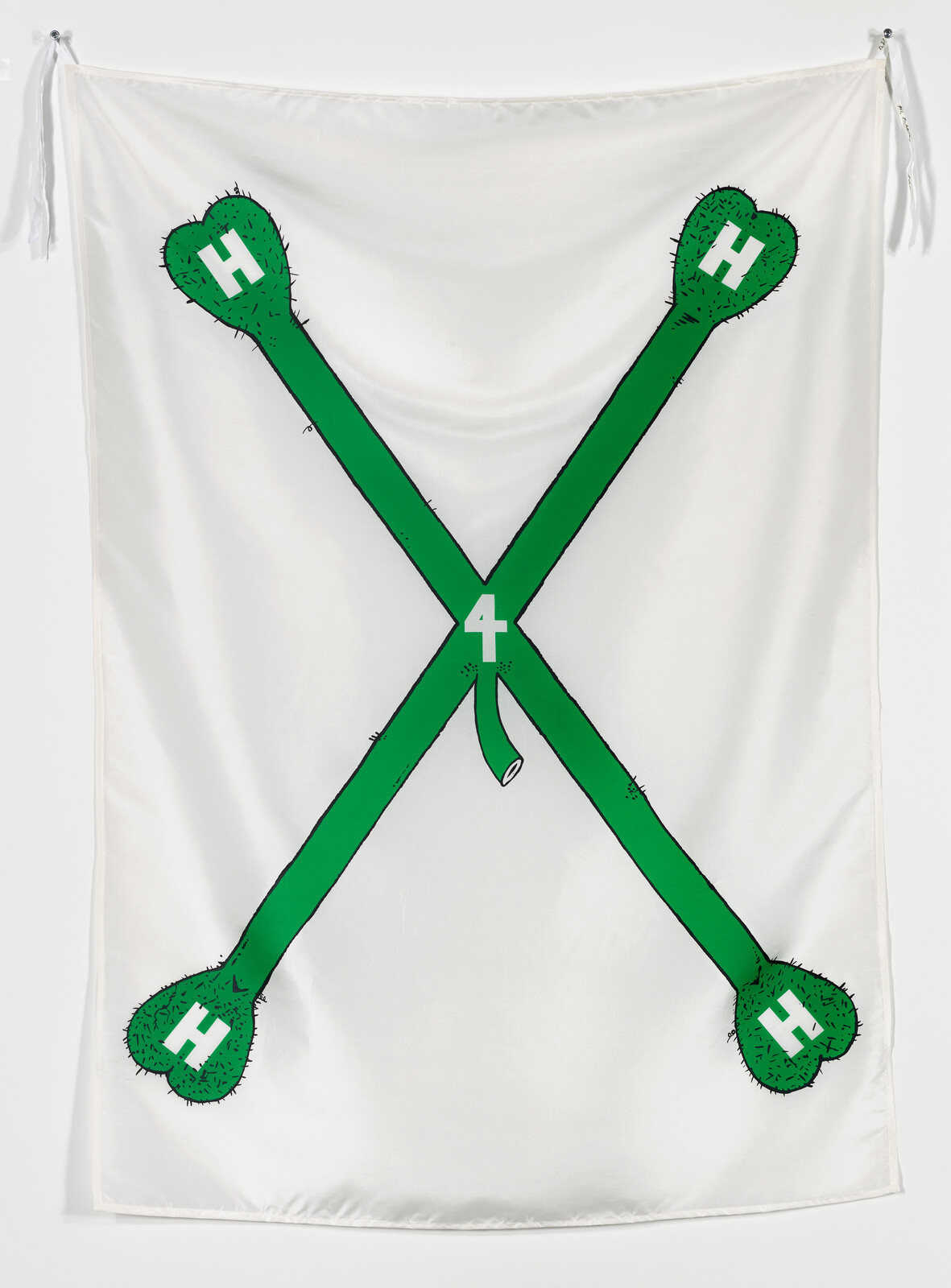 White flag with two crossed green cactus-like bones showing "H" on ends and a "4" at center.