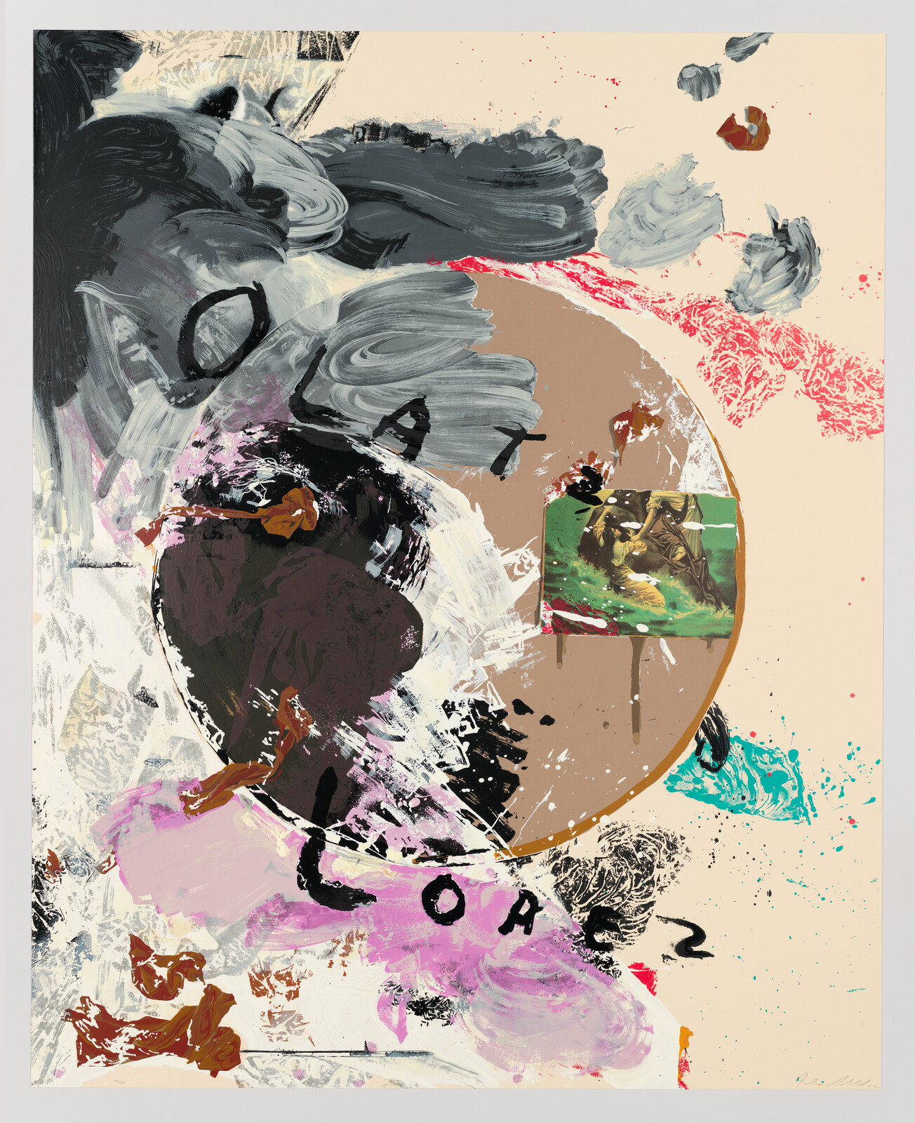 An abstract painting featuring a chaotic mix of brushstrokes and colors, with a central circular element that contains a small, more realistic image of a figure on horseback. The background is a pale beige, and the paint strokes are primarily black, gray, pink, and brown, with splatters of red and teal. The word "COLOR" is partially visible in large, obscured letters at the bottom.
