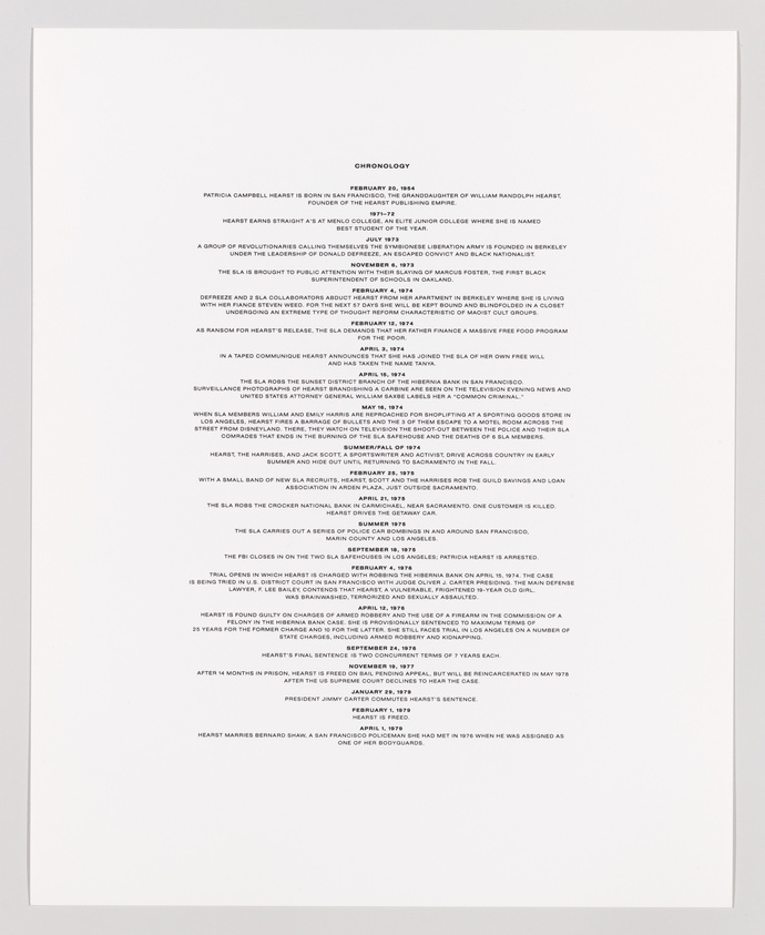 A photograph of a printed chronology document detailing significant events in a timeline format, primarily centered on the page with a large amount of white space surrounding the text.